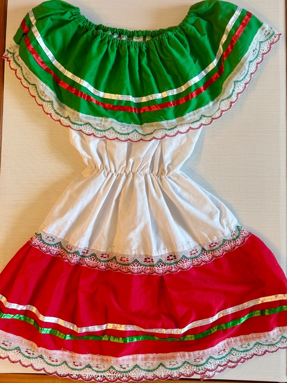 Girls' Mexican Fiesta Off-Shoulder Dress in Green, White & Red size 8